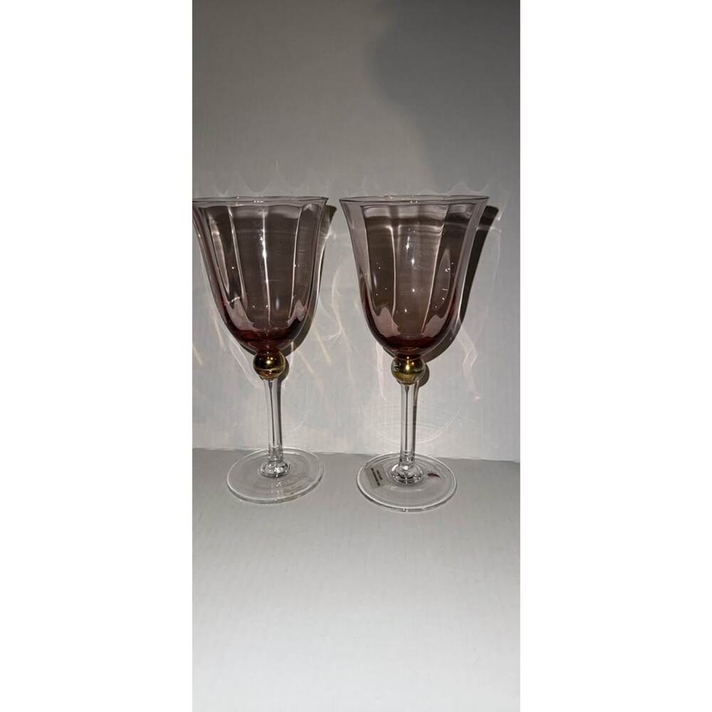 Vintage Pink Optic Fluted Wine Glasses Gold Ball Sphere Stem MCM